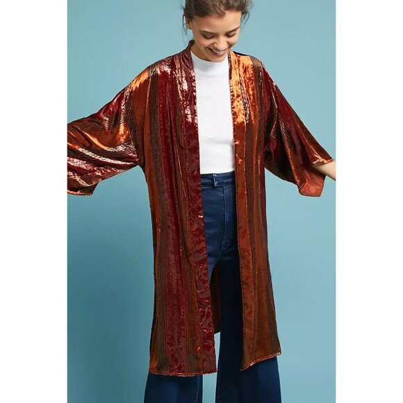 ANTHROPOLOGIE Longline Velvet Kimono Retro 70s Cardigan Open Topper 70s S XS M - Picture 2 of 6